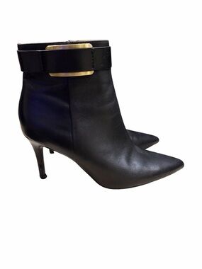 Calvin Klein Black Leather Pointed Ankle Boot with Gold Buckle